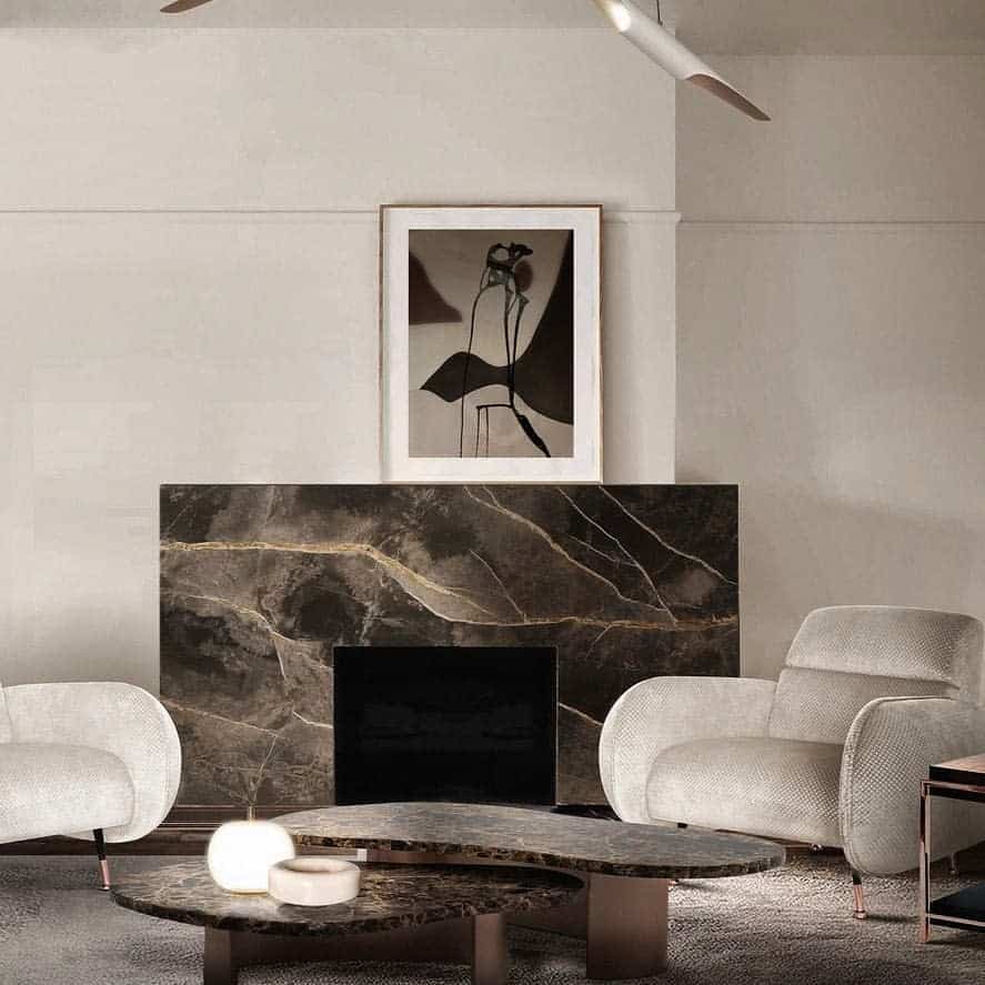 An elegant modern fireplace with a marble mantel, minimalist artwork, and contemporary furniture, creating a chic and sophisticated living space