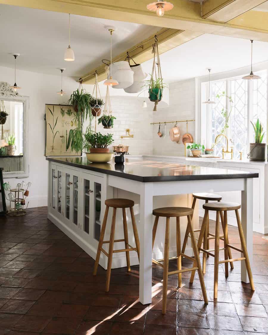 Bright kitchen with hanging plants and bar stools