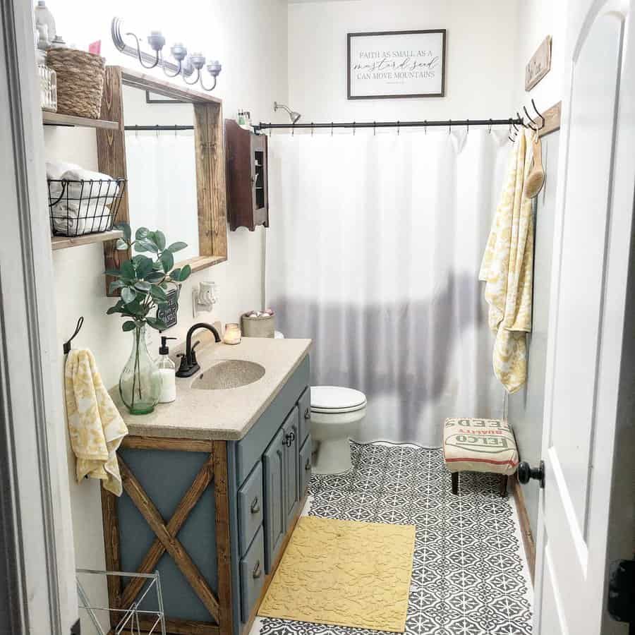 Basement bathroom with decorative tiles 