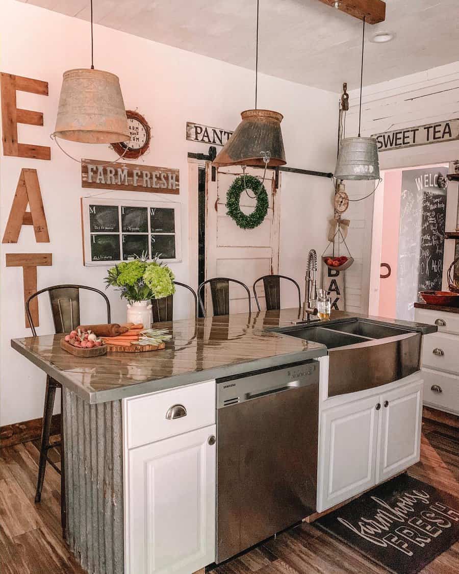 Rustic farmhouse breakfast bar with a corrugated metal island, wooden countertops, vintage bucket pendant lights, and industrial-style barstools