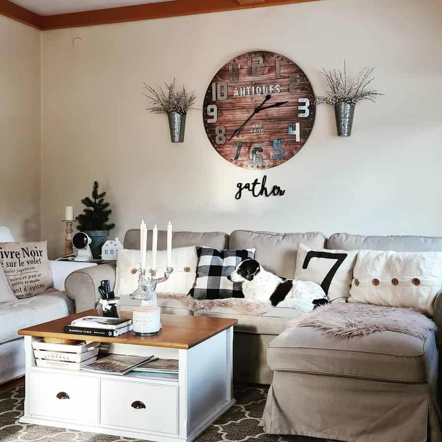 Rustic living room with large clock and cozy decor