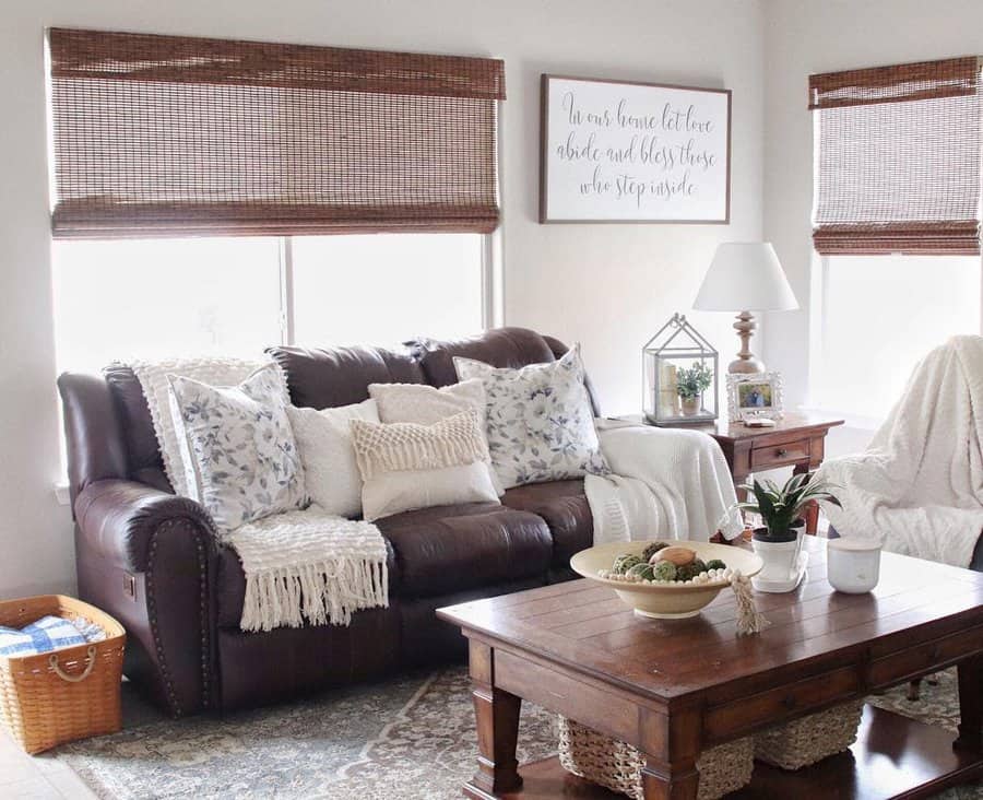 Homey living room with leather sofa and wooden coffee table