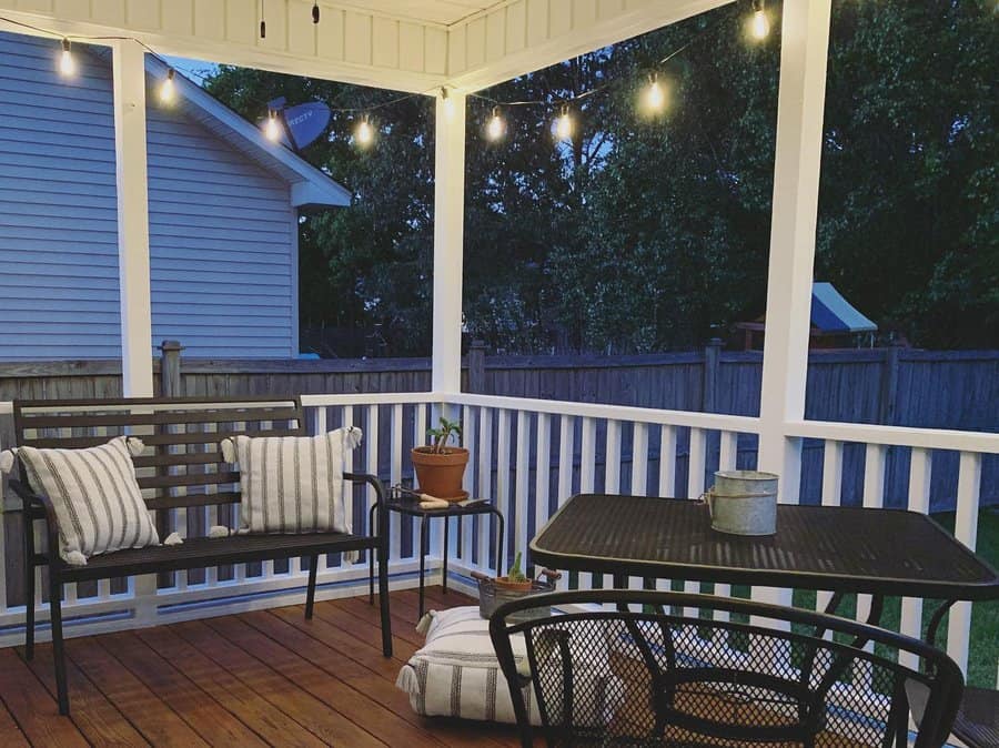 covered deck with string lights