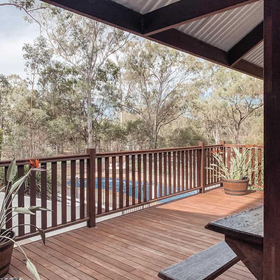 Covered deck with railings