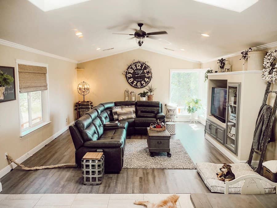 A cozy living room with a sectional sofa, TV, clock, and two dogs relaxing on the floor.