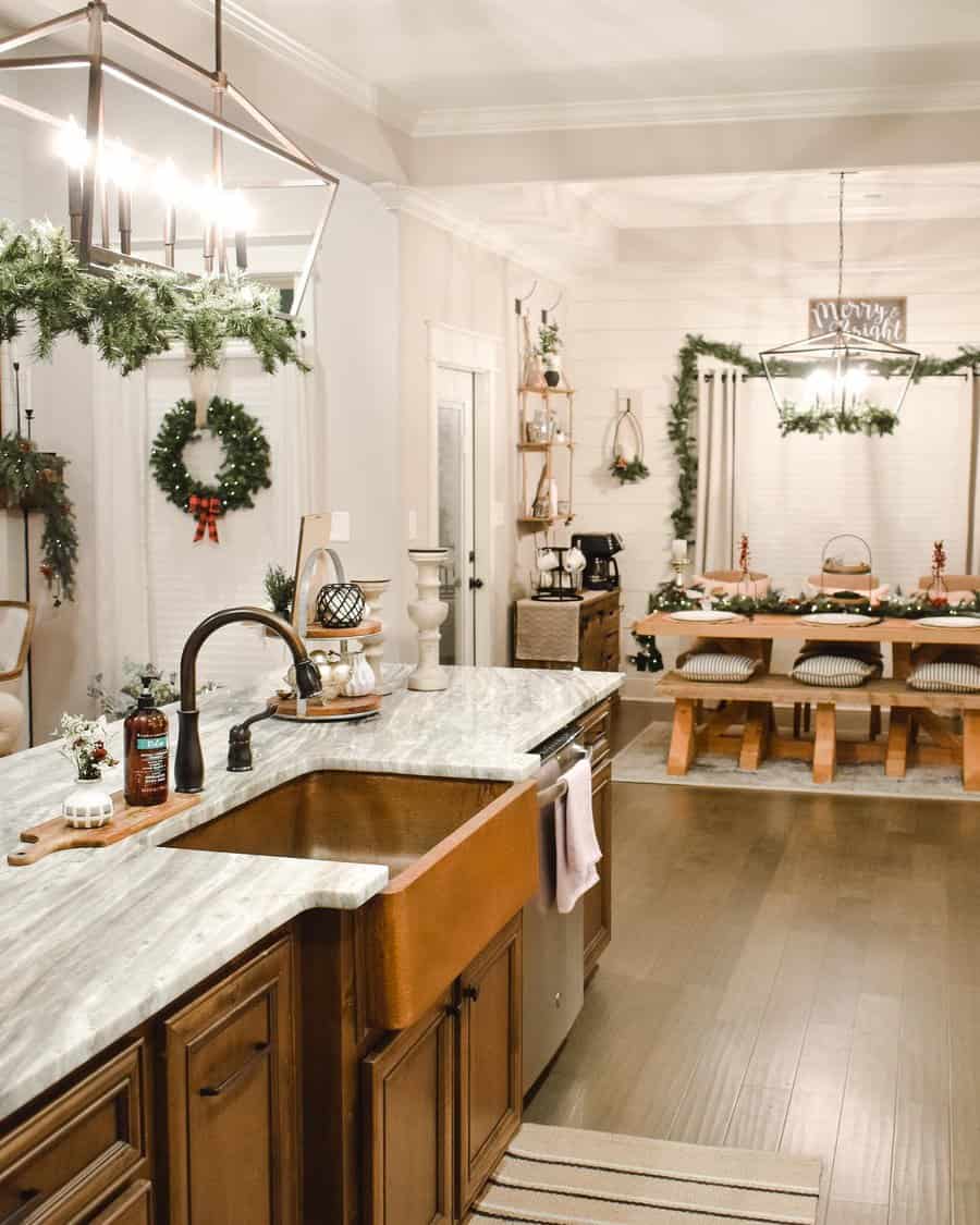 Festive kitchen with copper sink and holiday decor