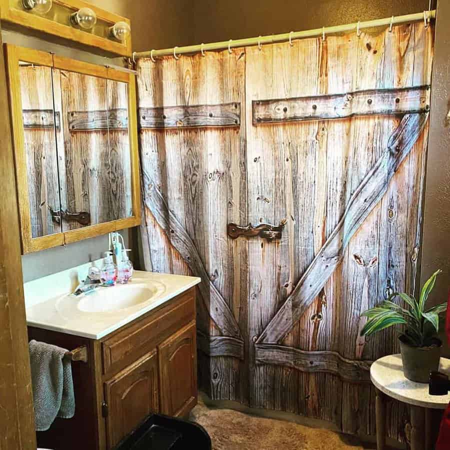 Shower curtain with barn door design