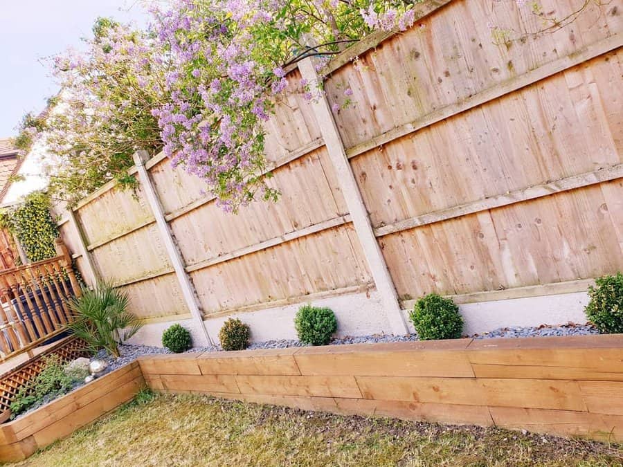 A garden with a wooden fence, small shrubs, and a flowering tree; a raised wooden planter contains more shrubbery