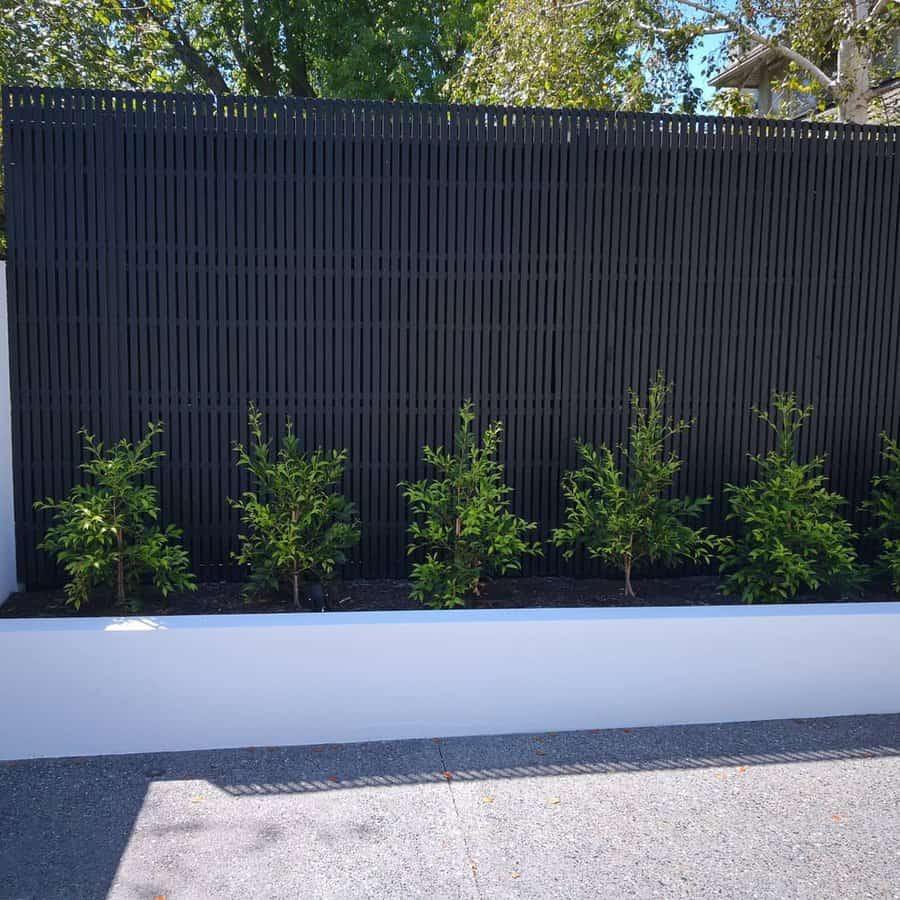 A modern black slatted fence with small green plants in front, set in a white planter, against a sunny backdrop