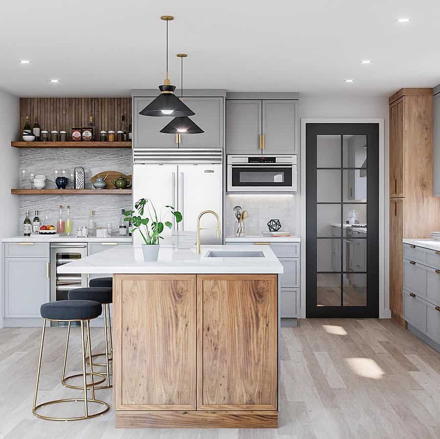 Modern kitchen with wood island and sleek design