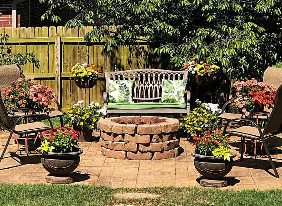 Patio with brick fireplace