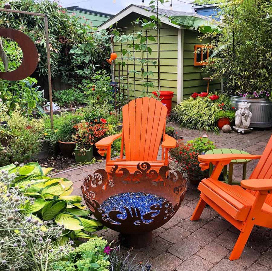 Patio with tin fireplace