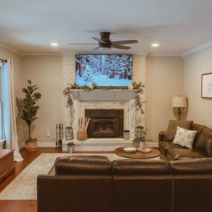 Winter themed living room with fireplace and festive decor