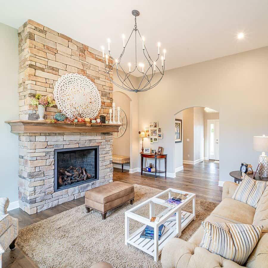 Spacious living room with stone fireplace