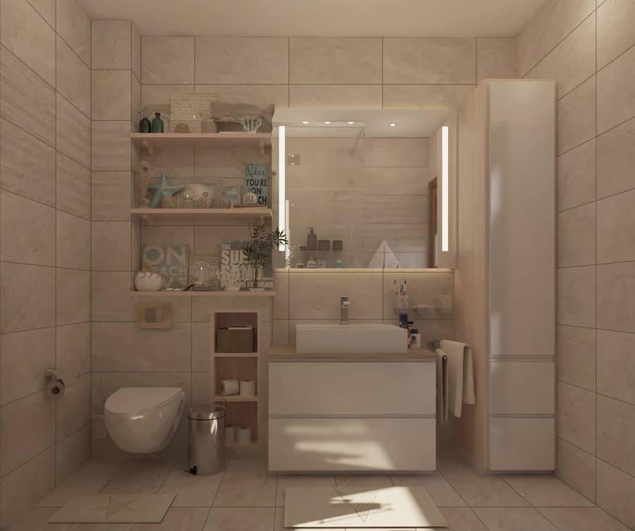 beige bathroom with LED mirror