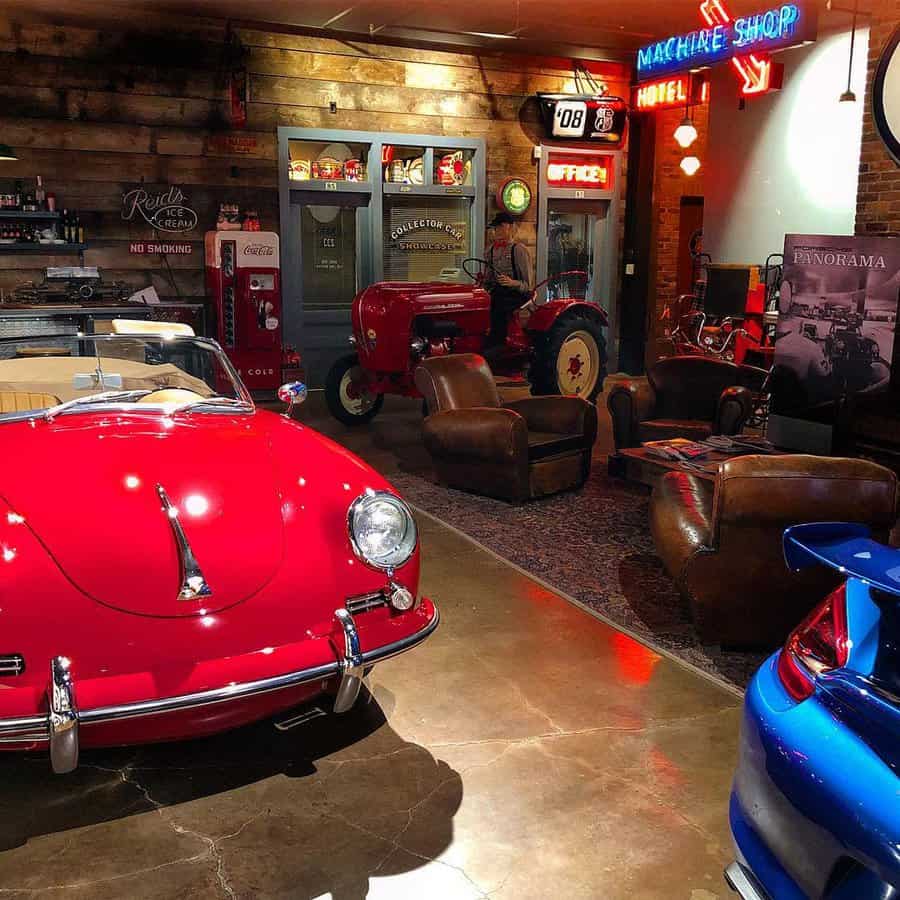 Garage man cave with area rug