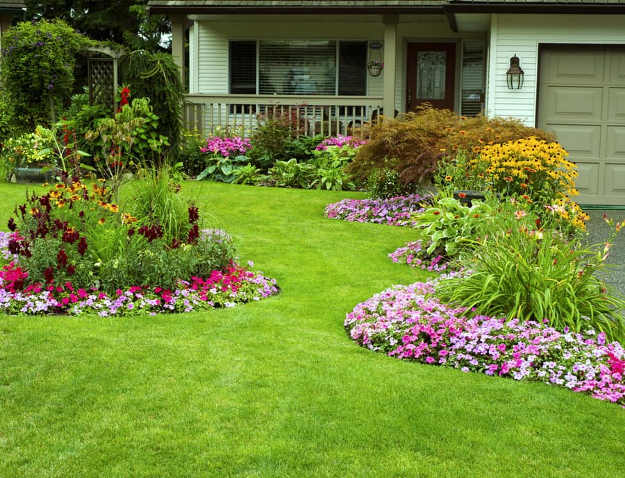 Lawn with vibrant flower garden and house.