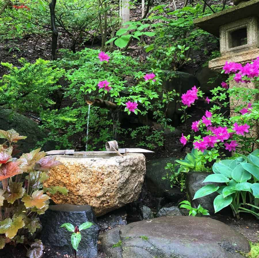 A serene Japanese garden with pink flowers, a stone water basin, and lush greenery under a stone lantern