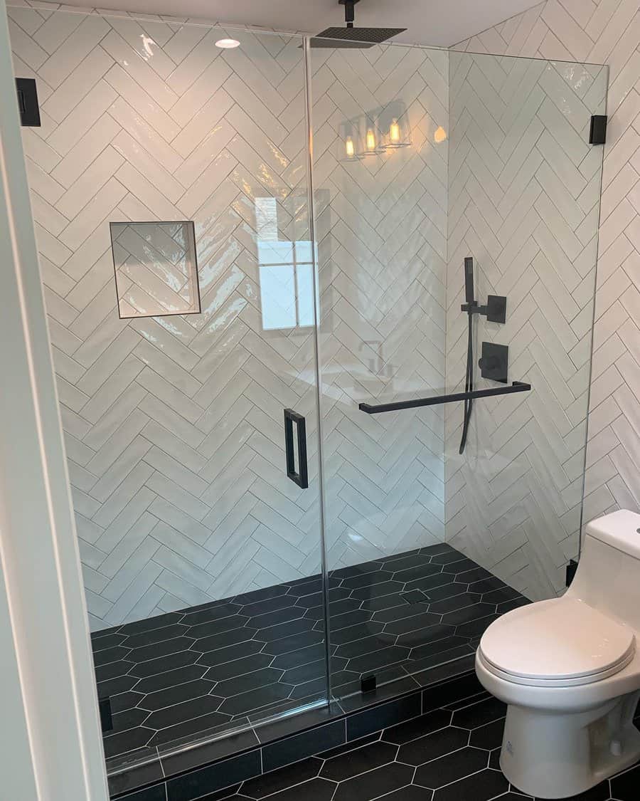 Bathroom shower with herringbone tiles