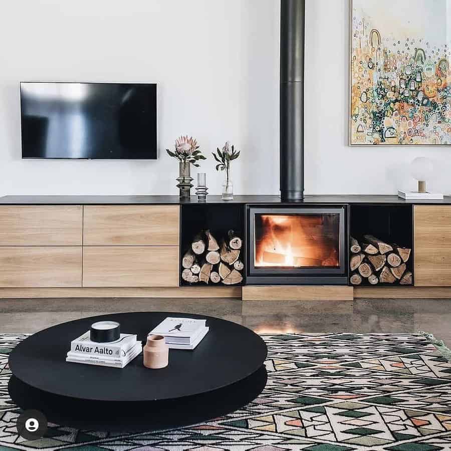 modern fireplace with shelving 
