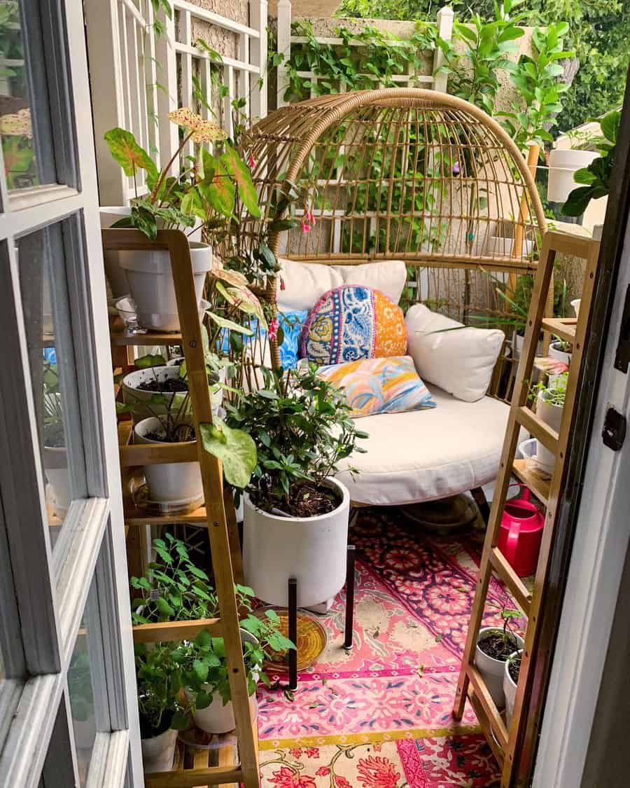 Apartment patio with plant shelf vertical garden