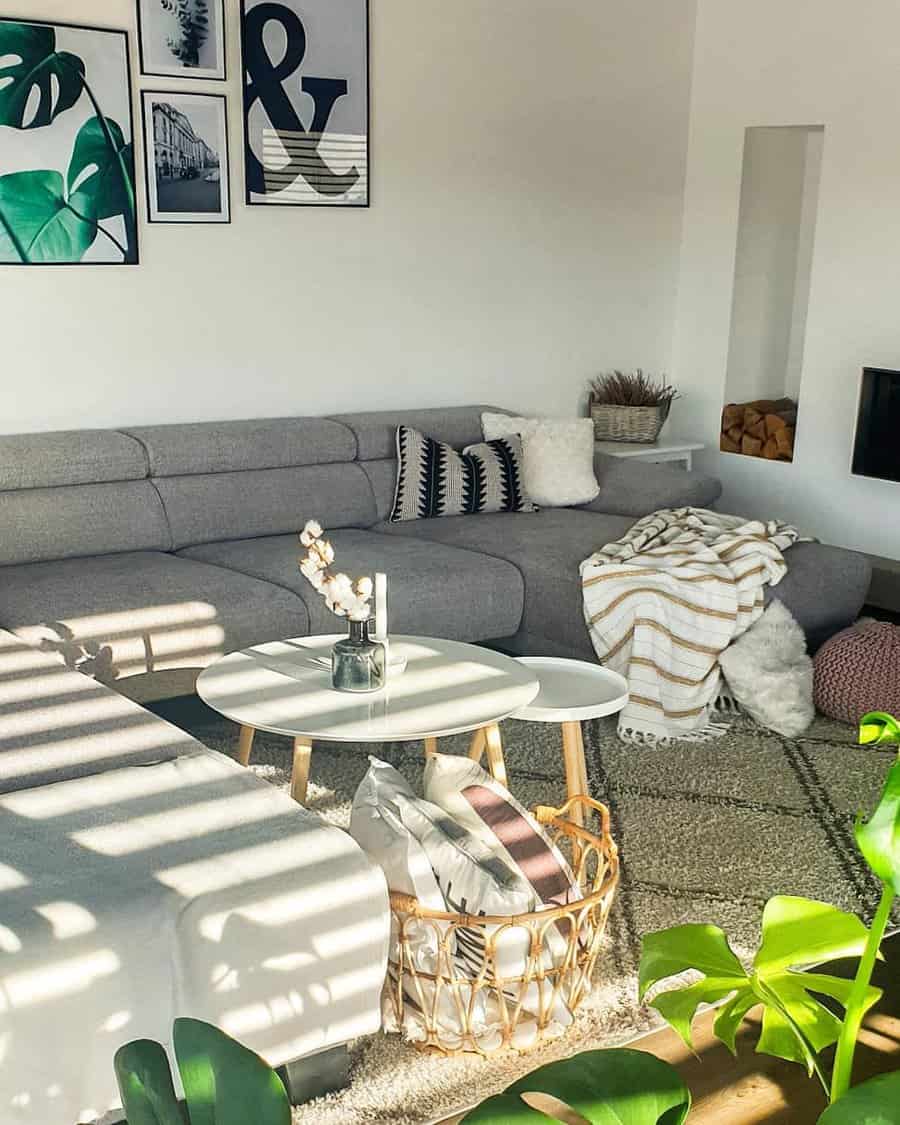 Sunny living room with gray couch and graphic art