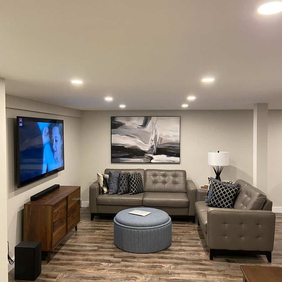 Modern living room with a center bench stool