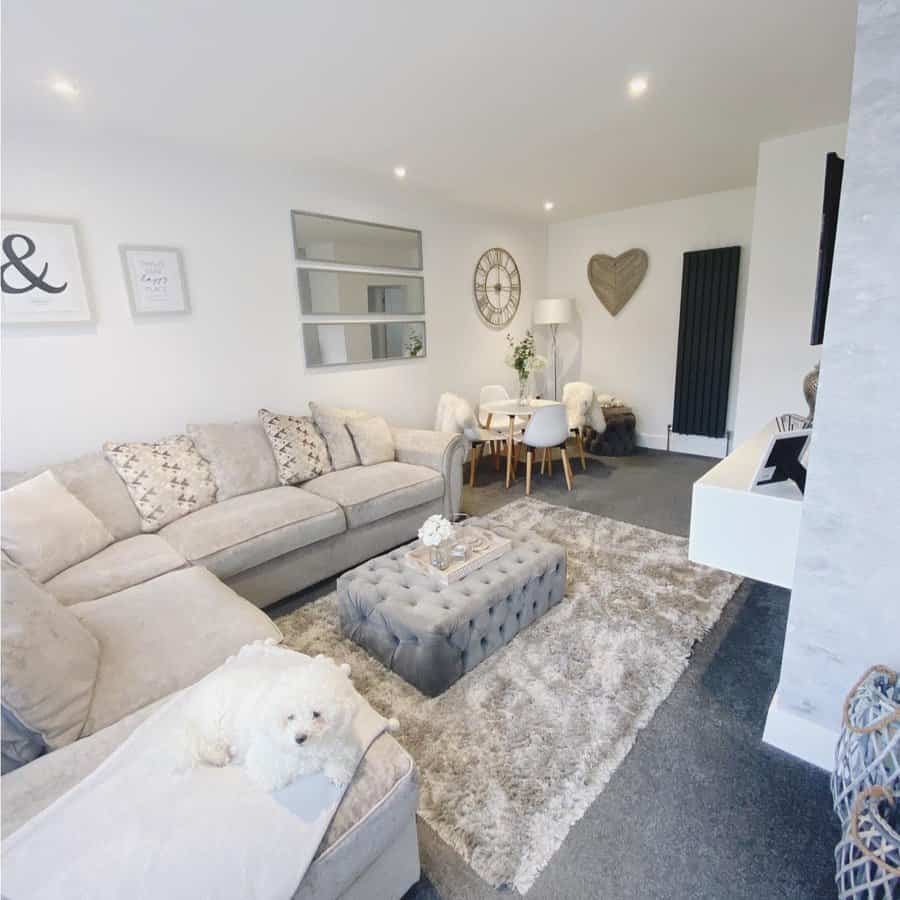 Modern living room with a center bench stool