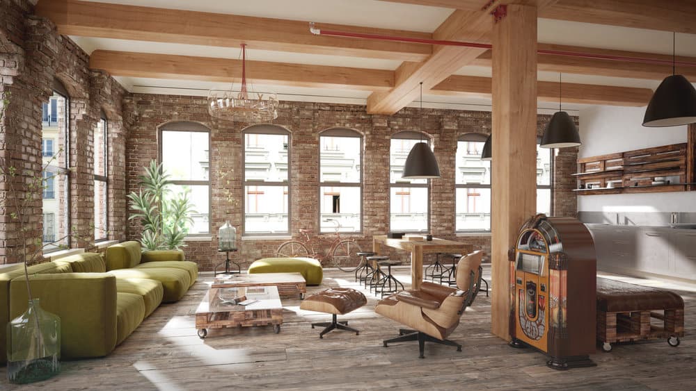 Loft style living space with brick walls and industrial accents