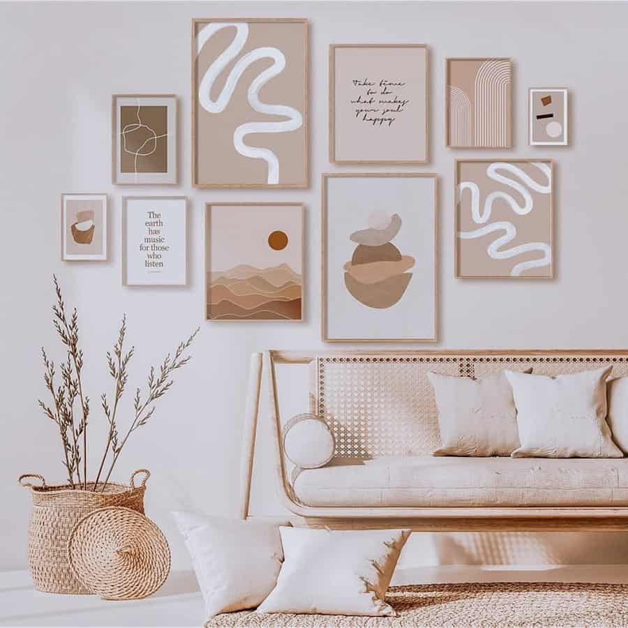 White wall with pictures and wicker basket