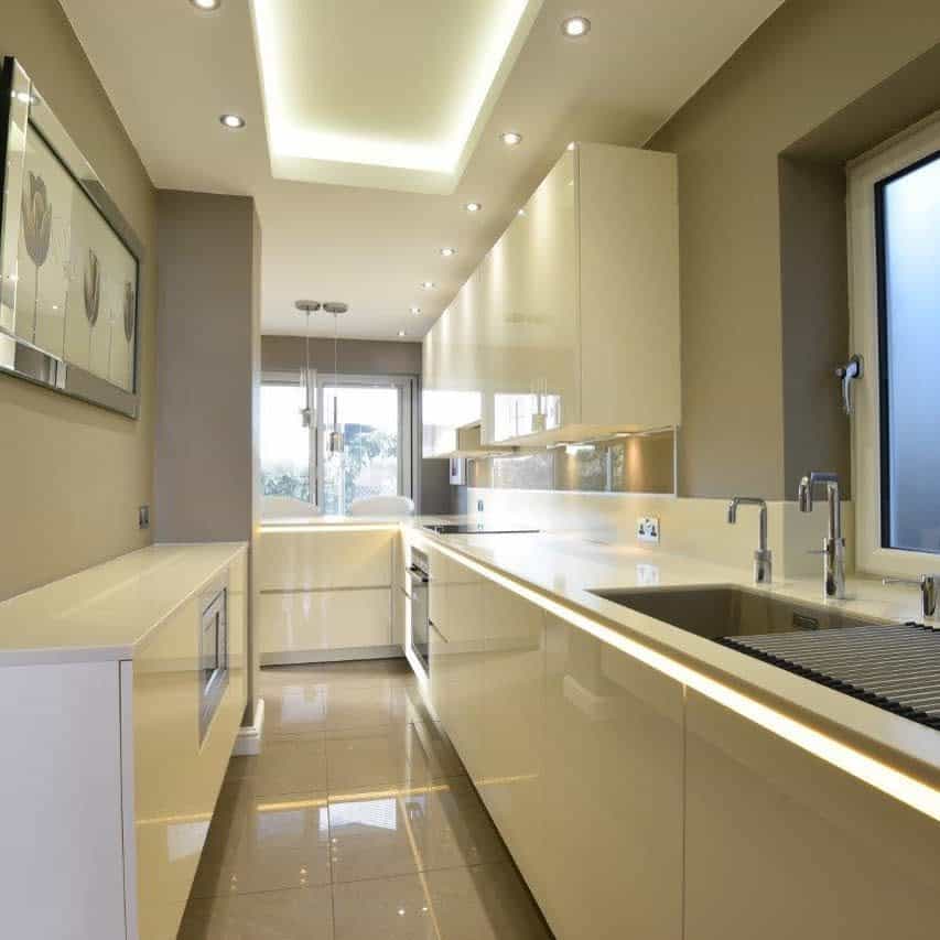 white kitchen with LED strip lighting