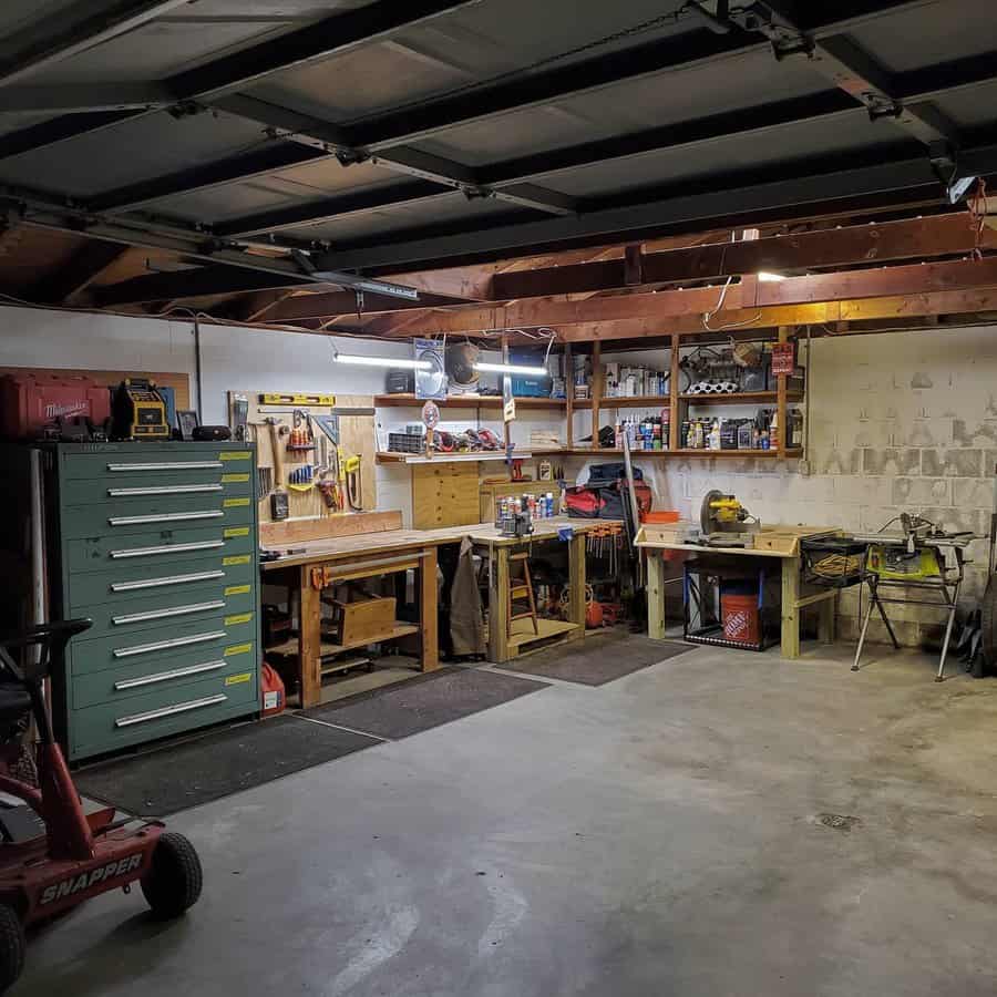 Garage with tools and storage cabinets