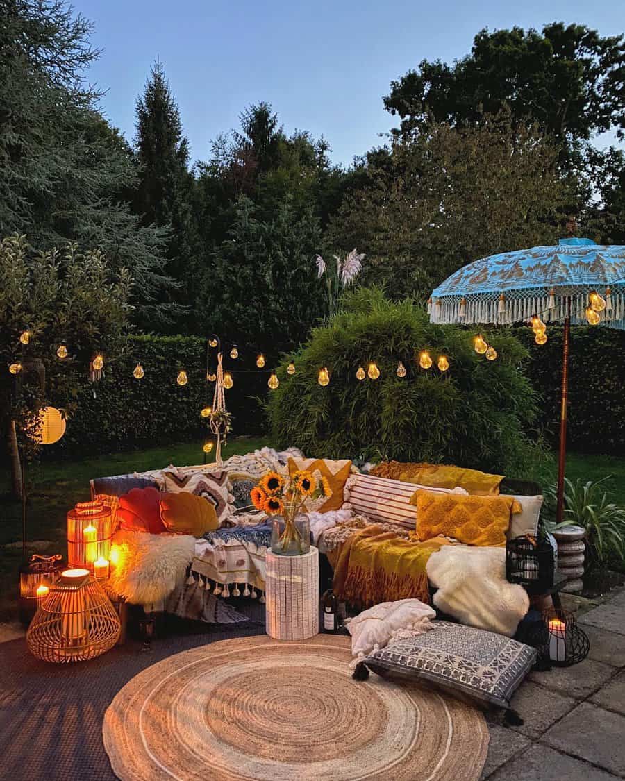 patio with throw pillows and blankets