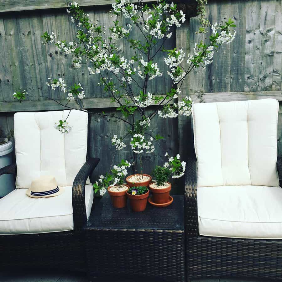 Two wicker chairs with white cushions flank a small table holding potted plants