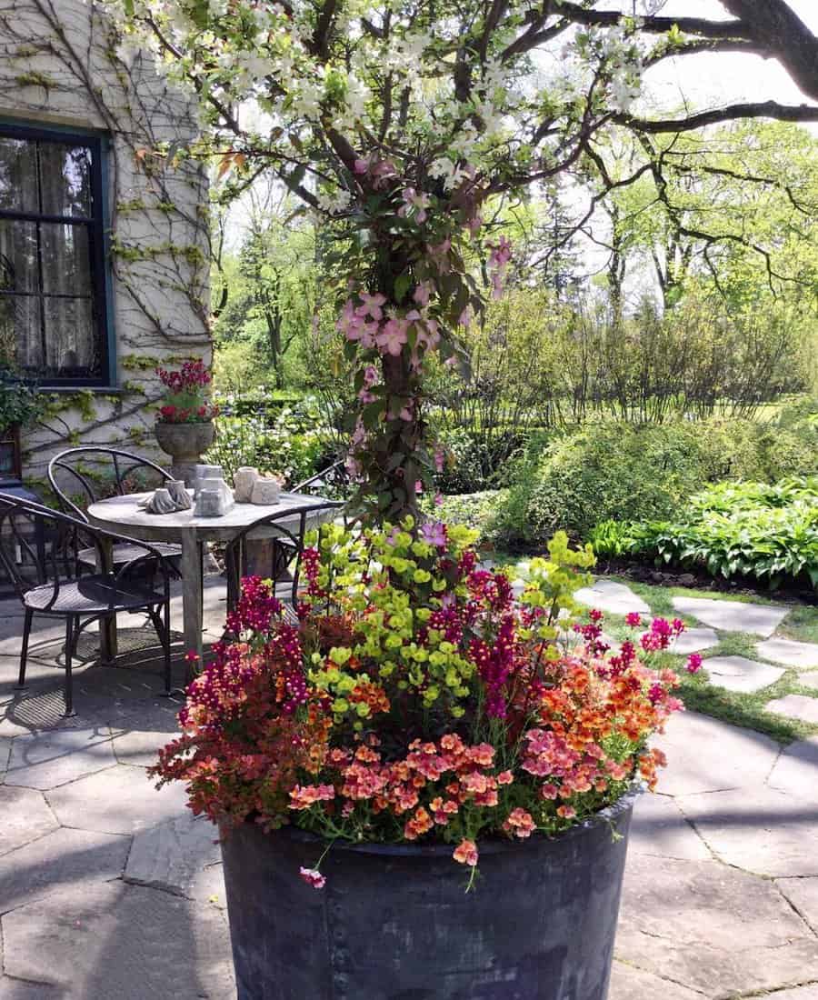 Large planter with colorful flowers and a small tree; patio with table, chairs, and garden in the background