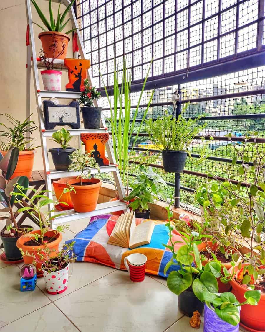 Cozy balcony garden with potted plants, a ladder shelf, colorful cushions, a book, and a tea cup, creating a peaceful reading nook