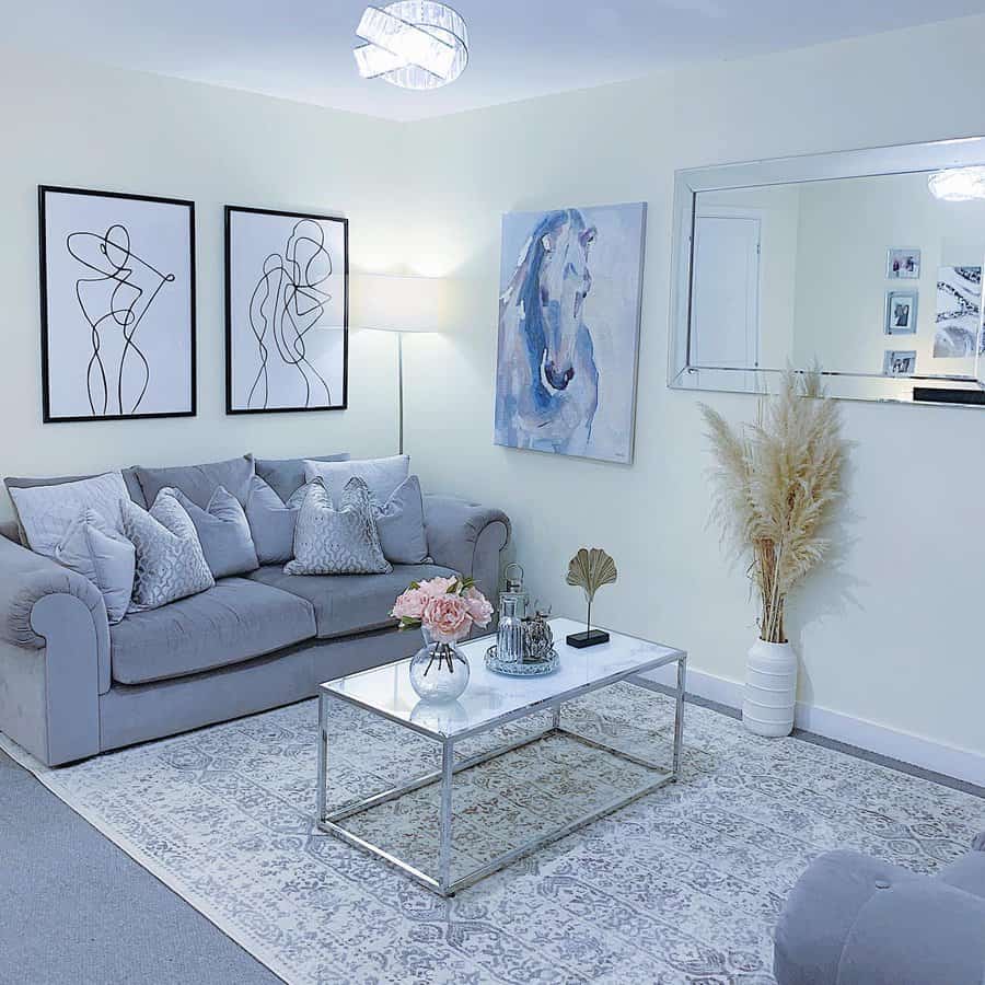 Artistic living room with line art and soft hues