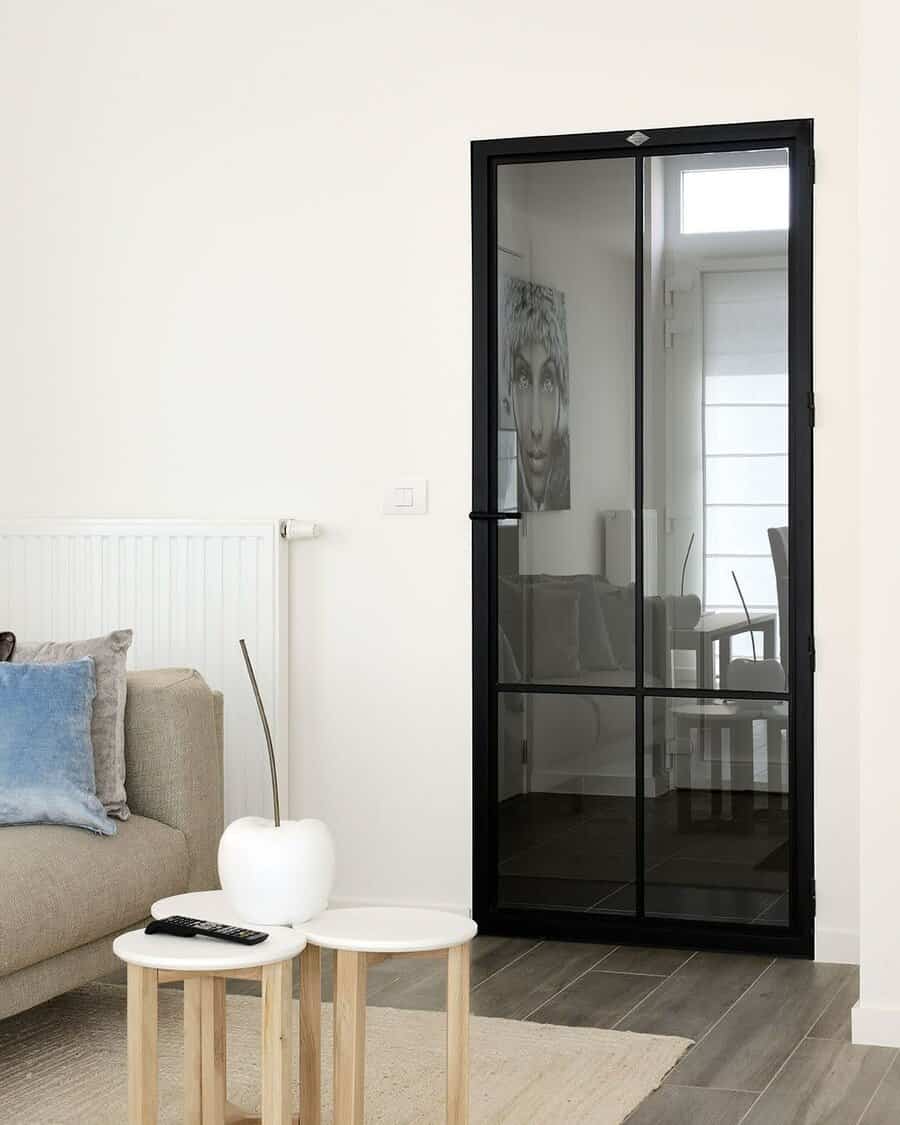 black framed bathroom door