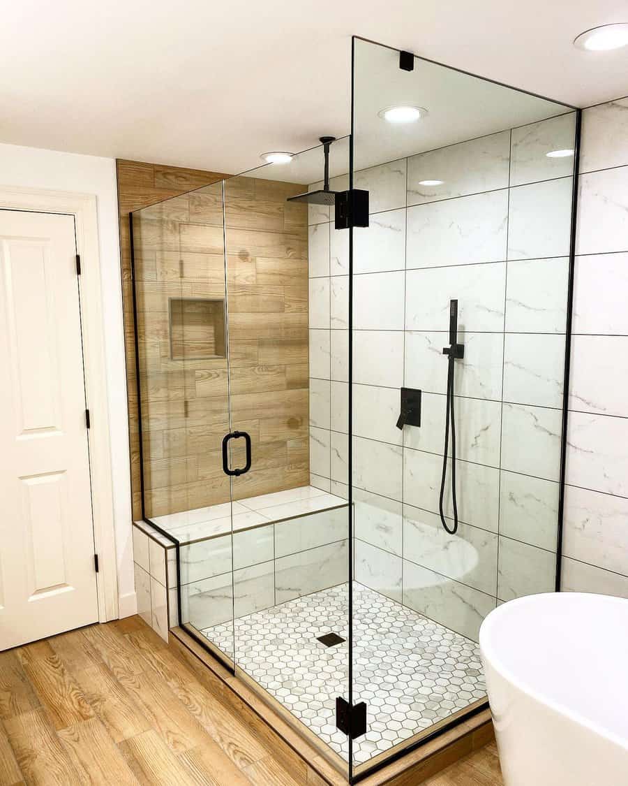 bathroom shower with recessed wall shelf
