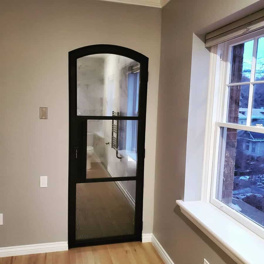black framed bathroom door