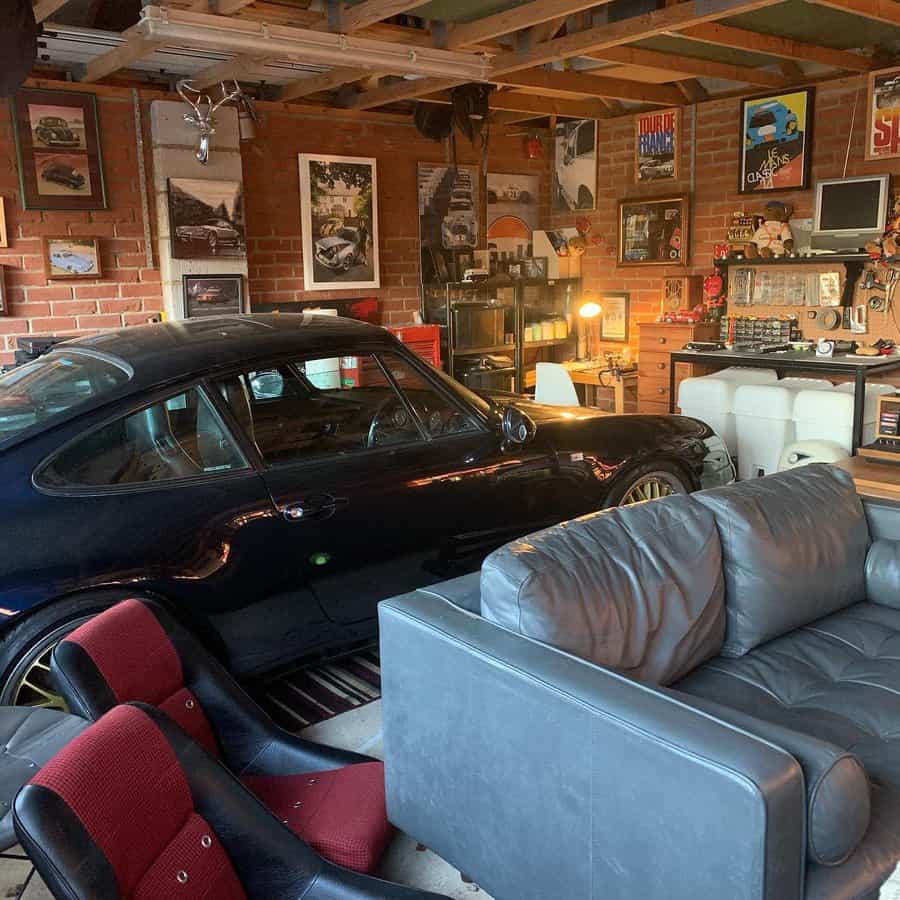 Garage man cave with a work desk