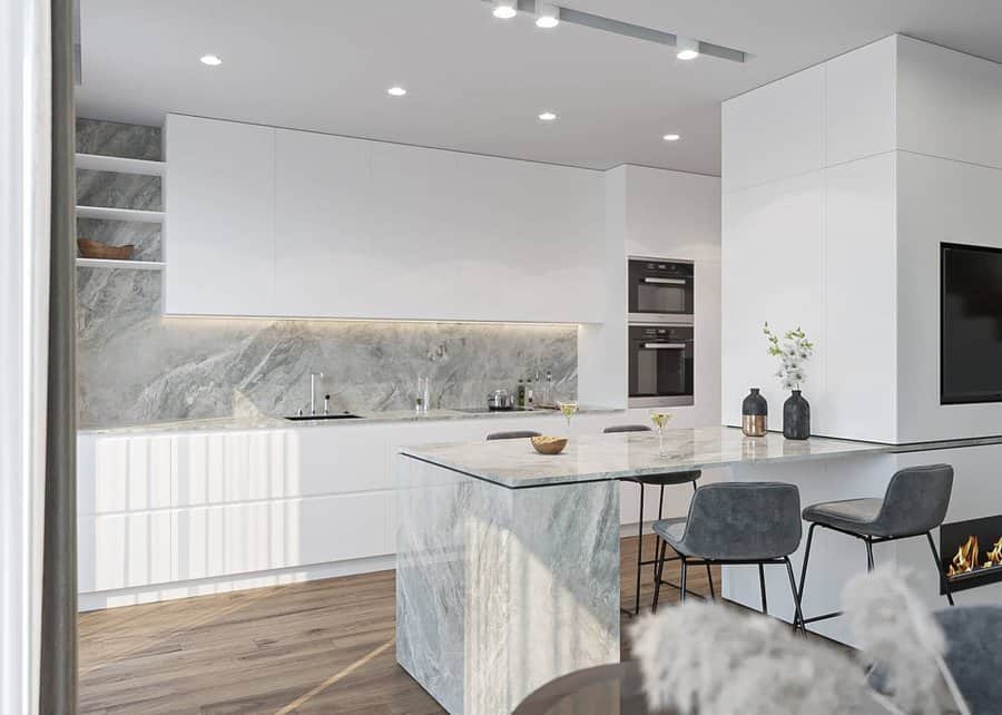 Modern kitchen with marble feature wall and island bar