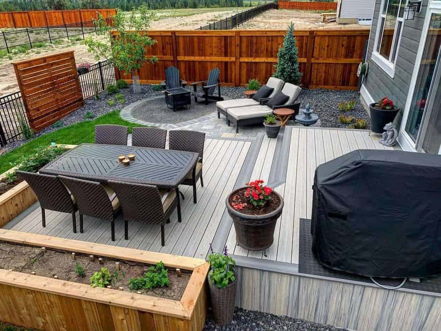 Backyard patio with dining set and raised beds