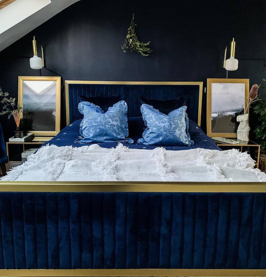 blue bedroom with blue and gold elements