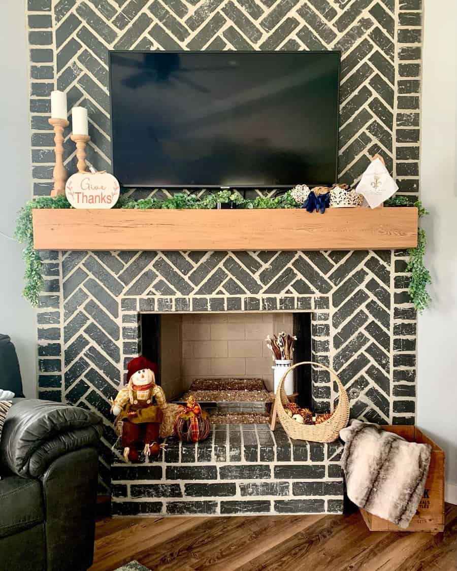 Herringbone brick fireplace surround