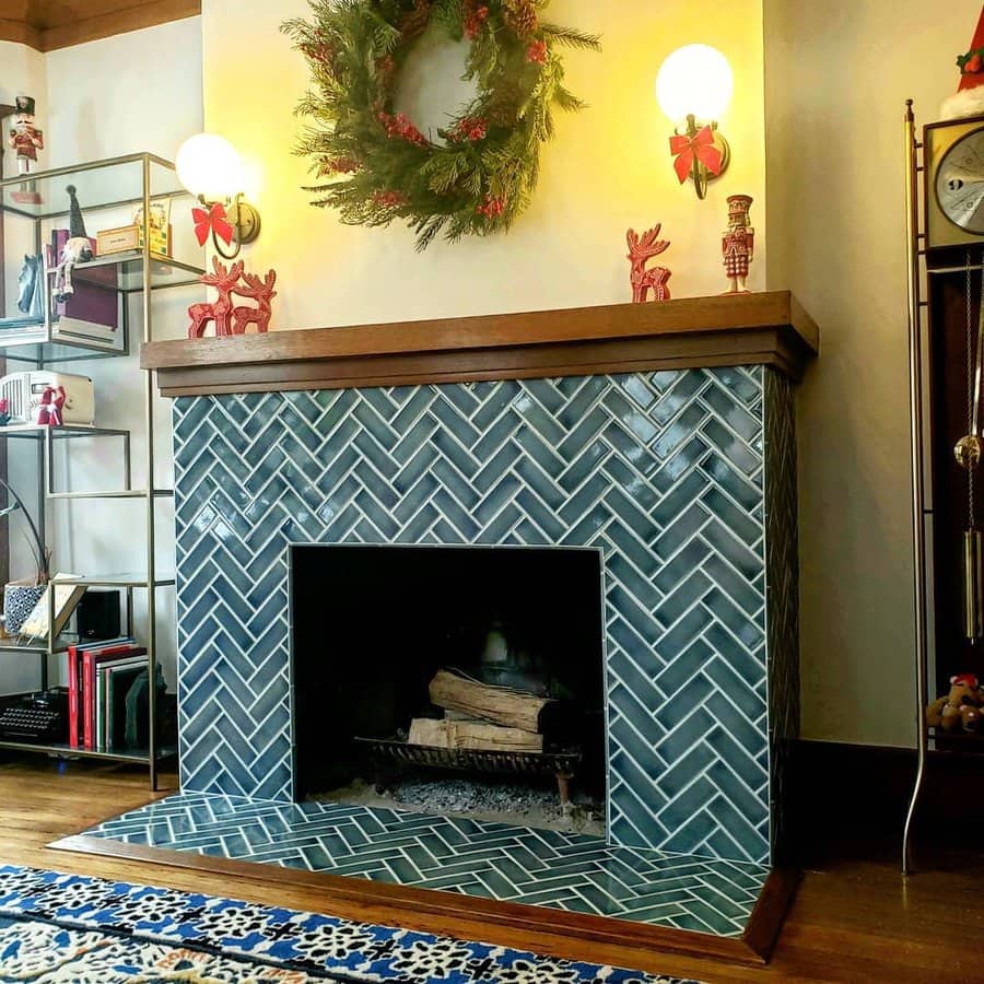 Herringbone fireplace wall