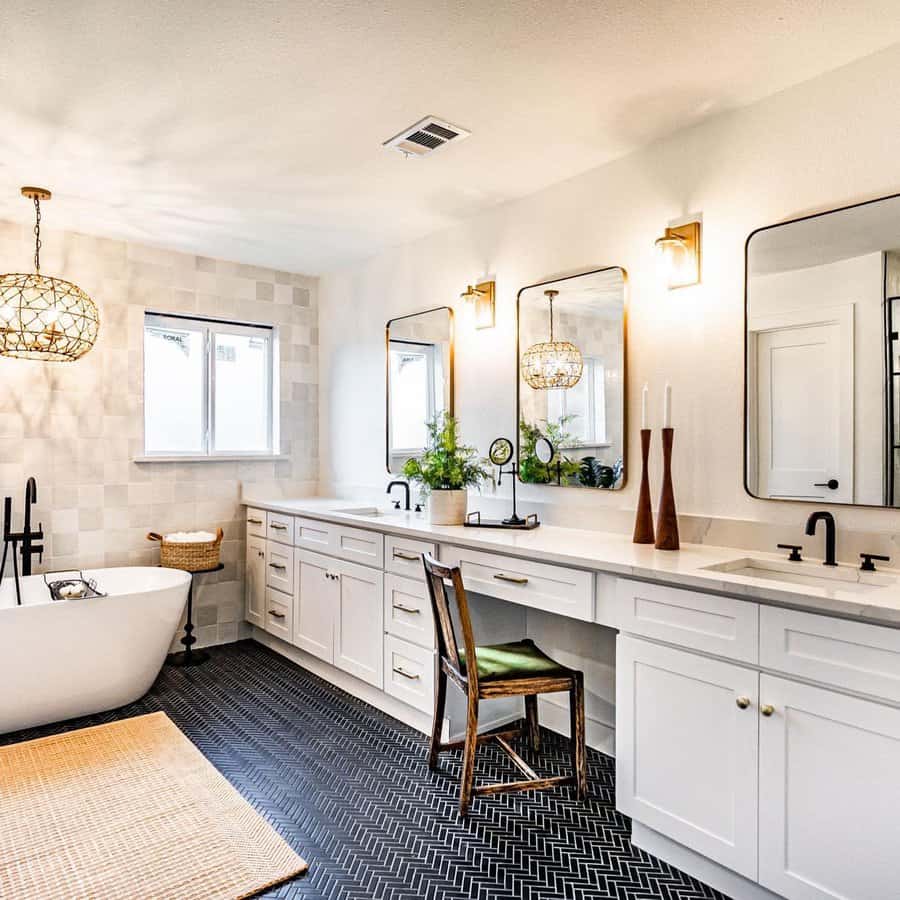 Spacious bathroom with double vanity and tub