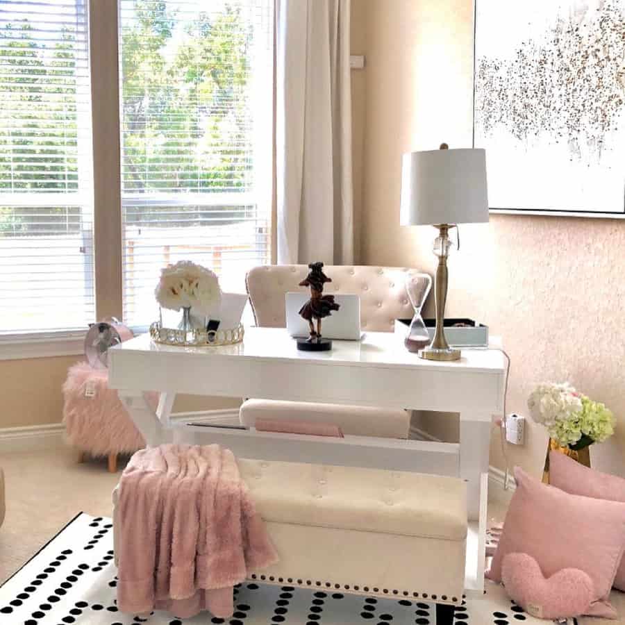 Glam home office with plush pink accents and chic decor