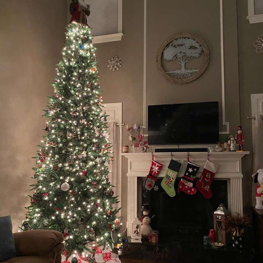 Tall Christmas tree with lights and ornaments beside a fireplace. Stockings hang above the mantel decorated with festive items