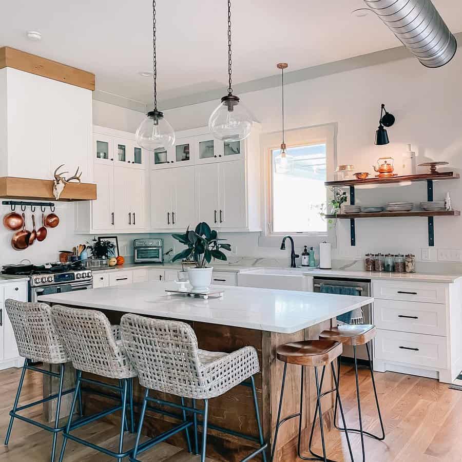 farmhouse kitchen with rattan and wood stools